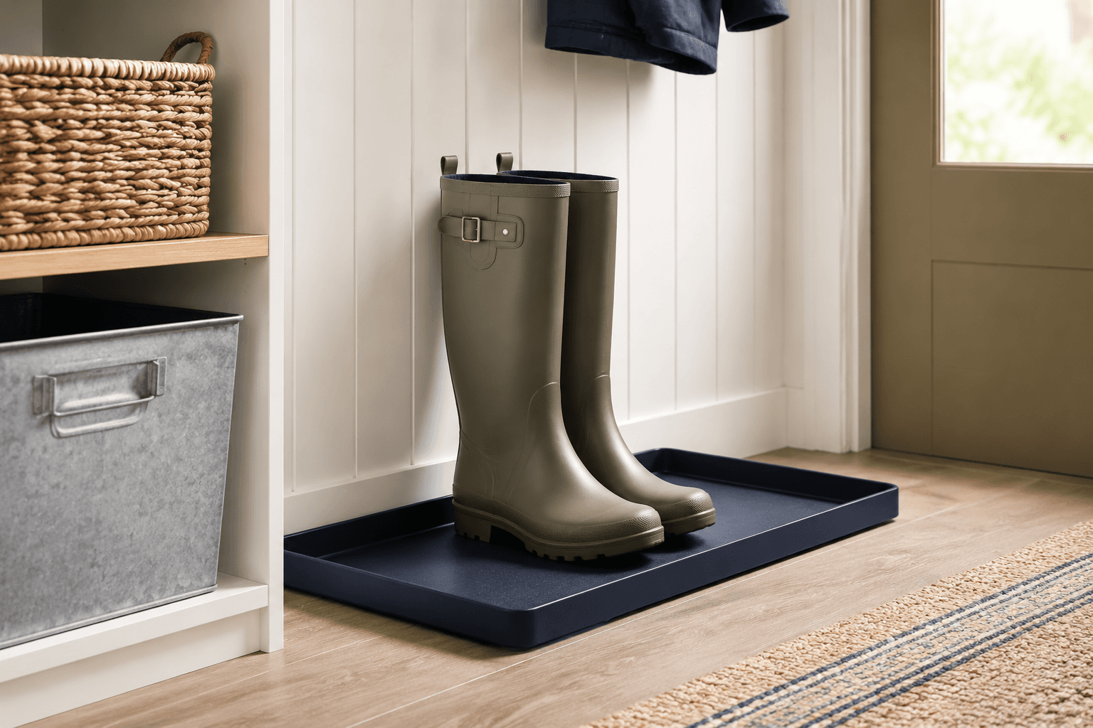 Boot Tray styled in a home entryway