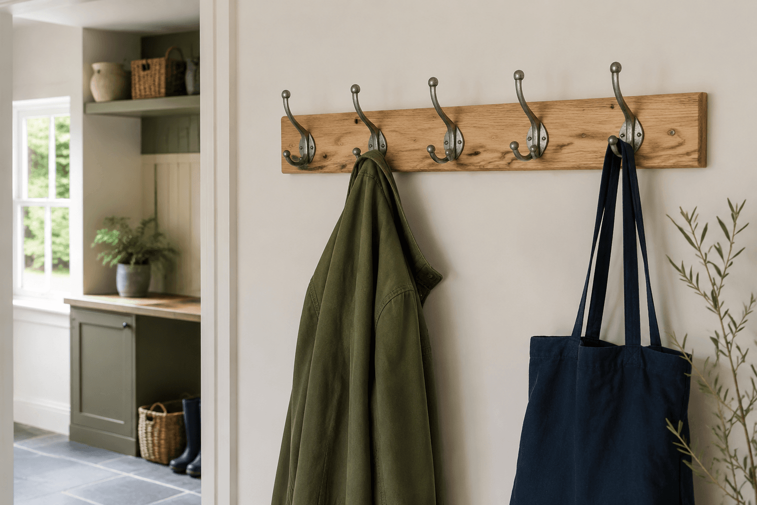 Coat Hook Rail styled in a home entryway