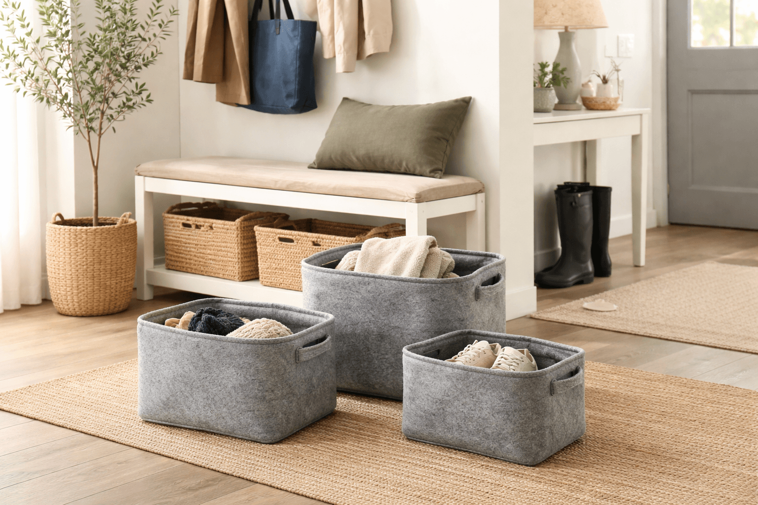 Felt Storage Baskets (Set of 3) styled in a home entryway