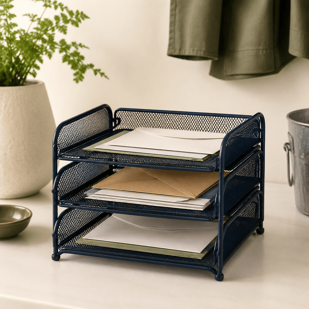 Mail Sorter Tray — Three slots that keep post, bills and notes from piling up.