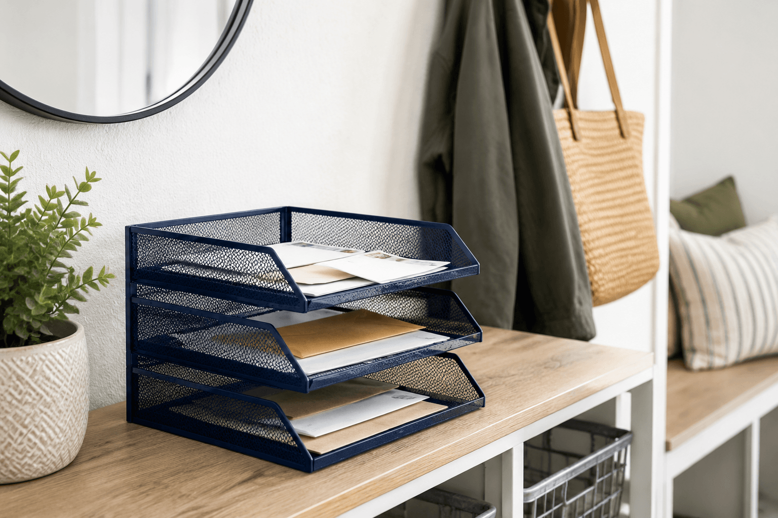 Mail Sorter Tray styled in a home entryway