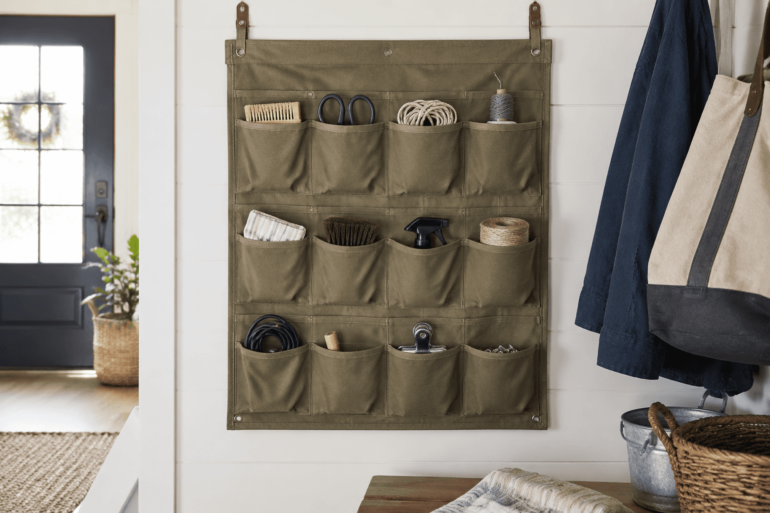 Tool Roll Organizer styled in a home entryway