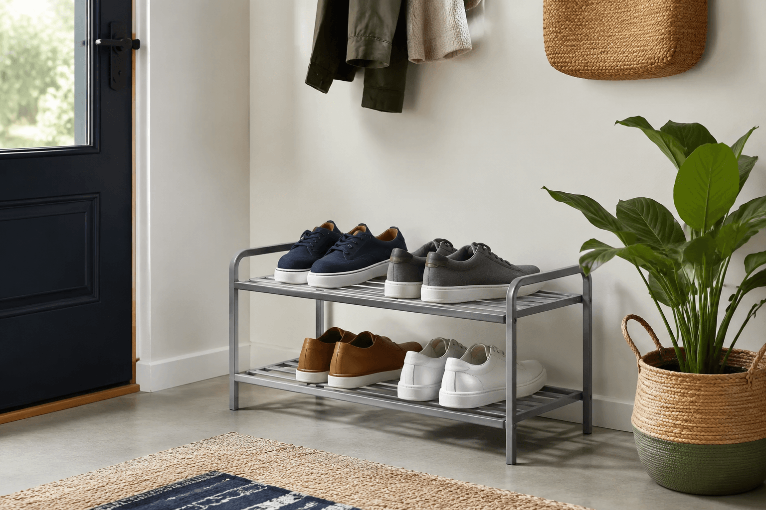 Two-Tier Shoe Rack styled in a home entryway