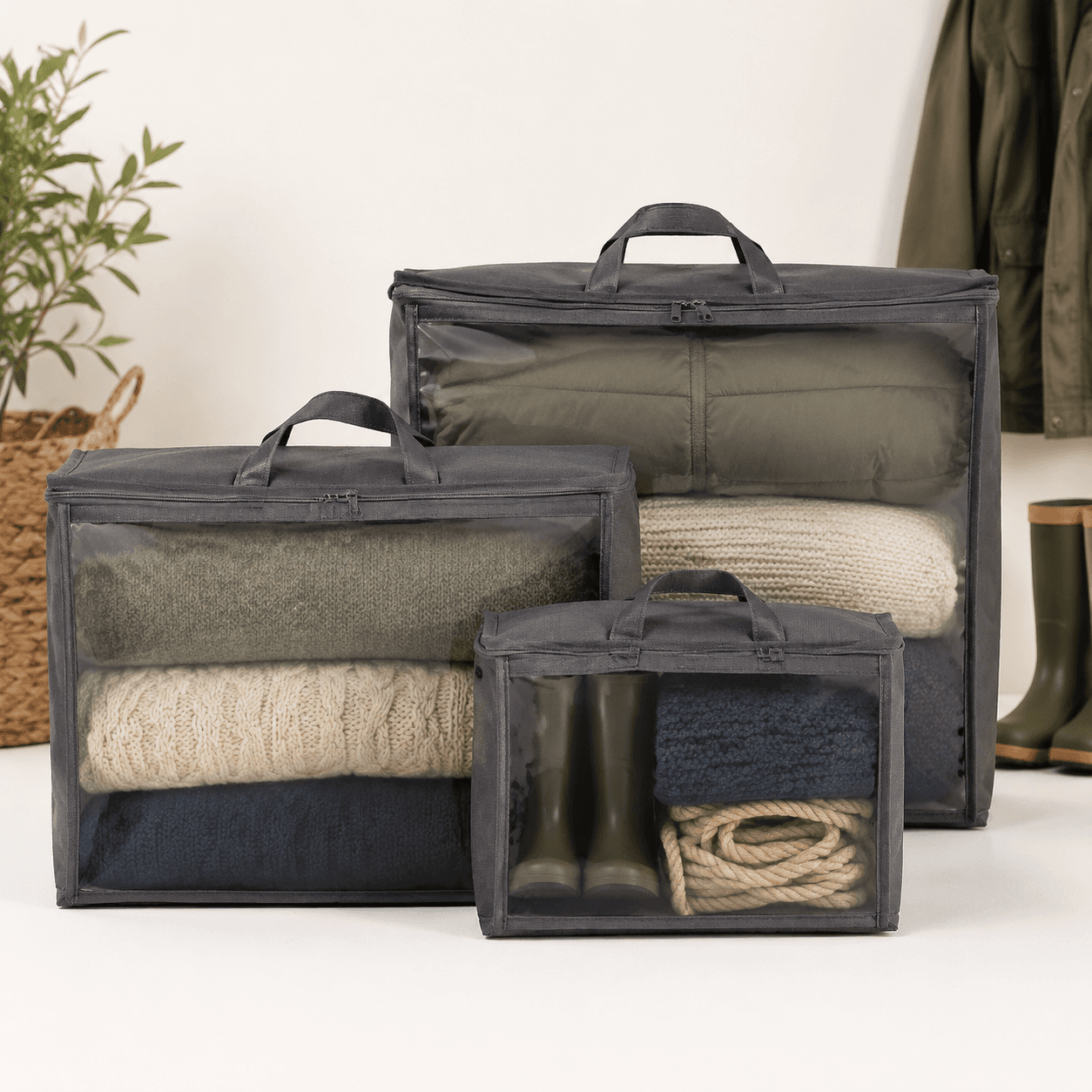 Under-Stair Storage Bags (Set of 3) — Zip-top fabric bags that reclaim awkward storage corners.