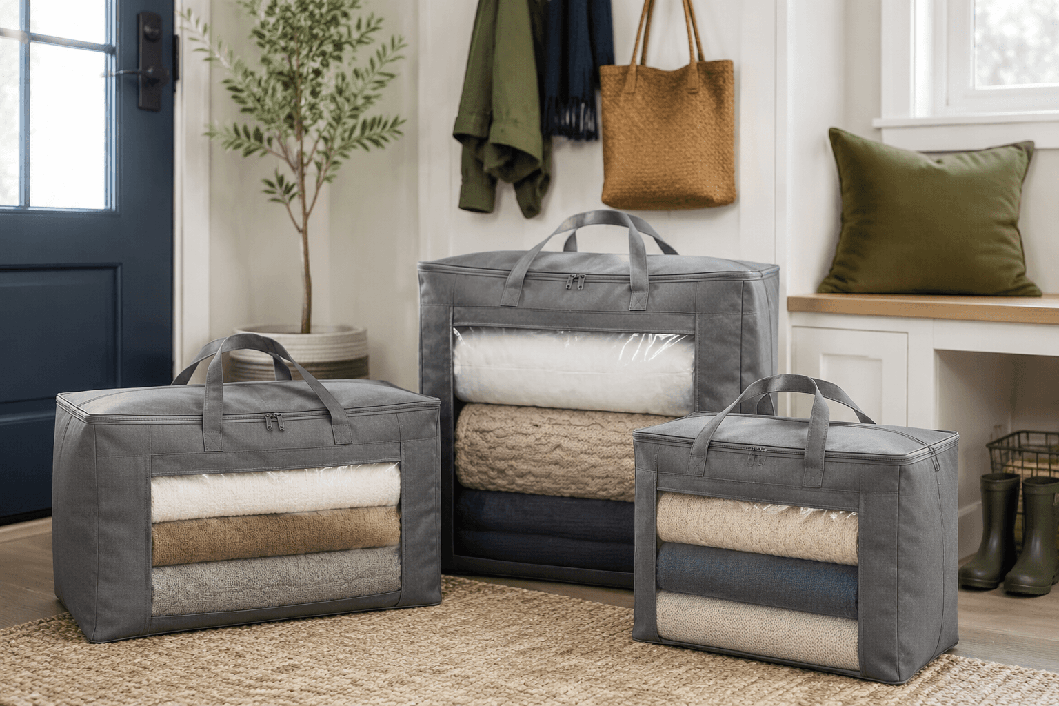 Under-Stair Storage Bags (Set of 3) styled in a home entryway
