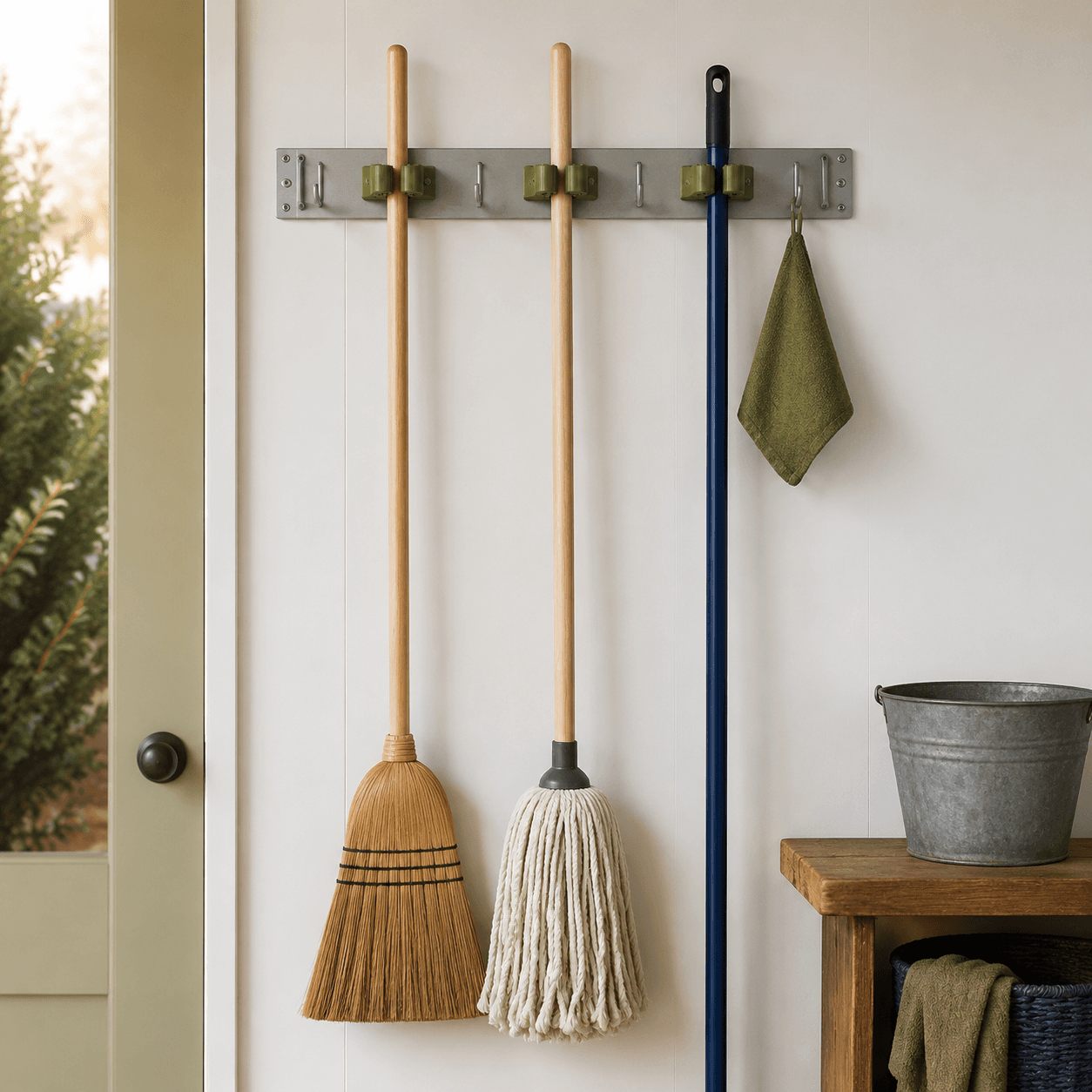 Wall Mounted Broom Holder — Spring grips and hooks that clear long-handled helpers.