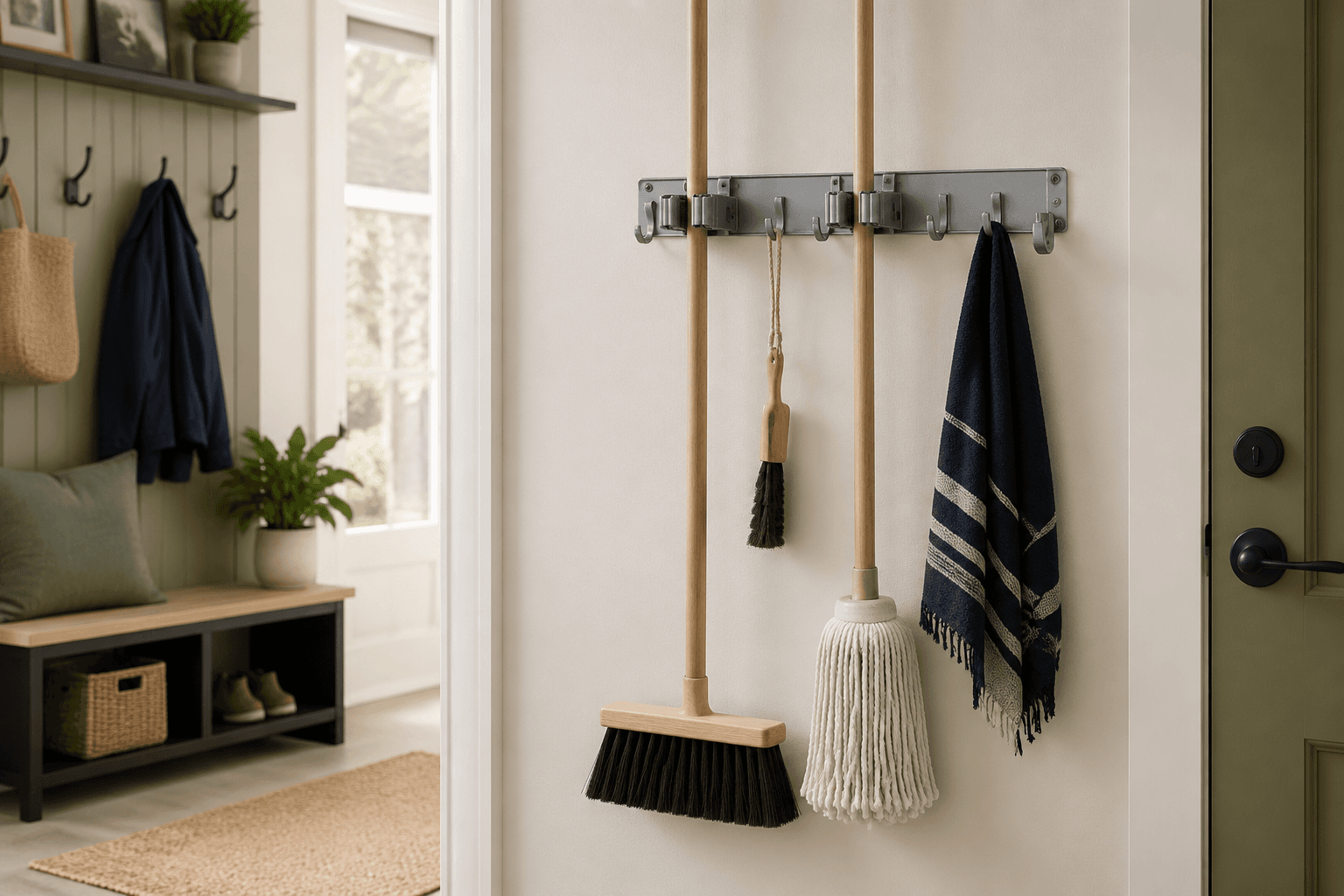 Wall Mounted Broom Holder styled in a home entryway