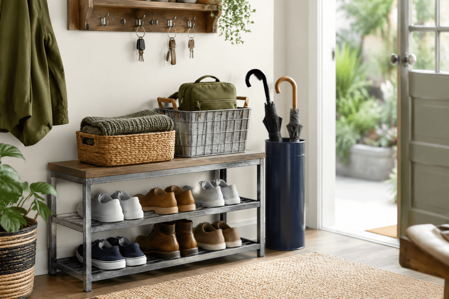 A bright, organized home entryway with a shoe rack, key shelf and umbrella stand